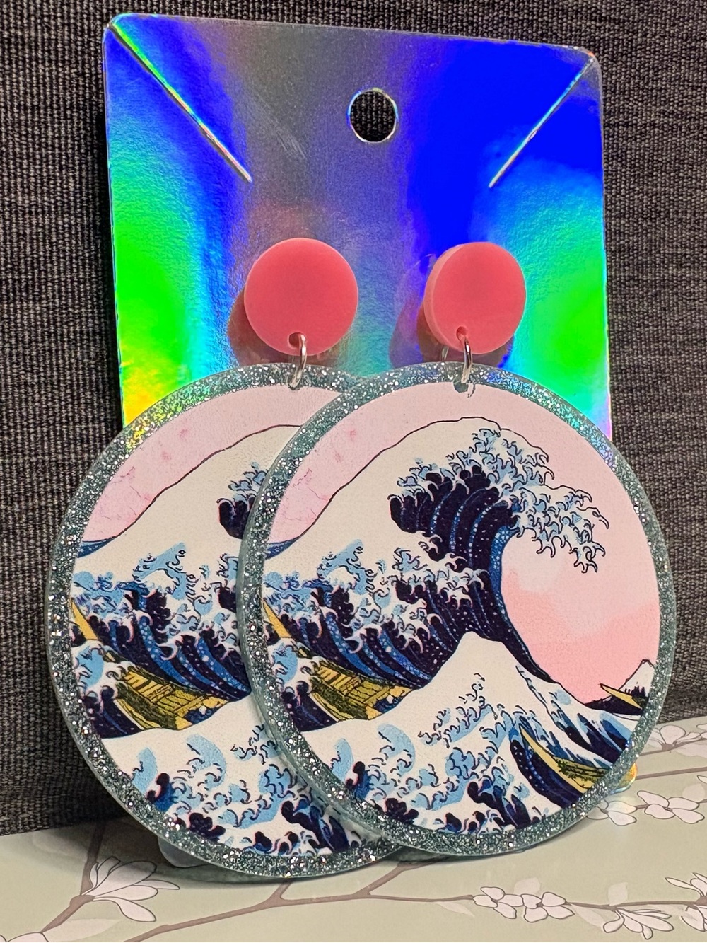 Wave Print Glitter Circle Dangle Earrings in Pink and Blue